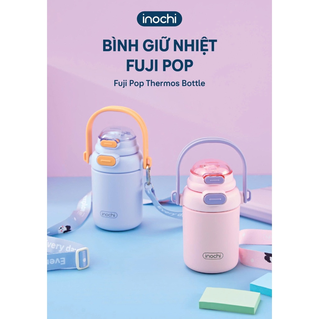 [NEW] Bình Giữ Nhiệt Inochi FUJI POP 450ml  4 lớp cách nhiệt, 2 cách uống, có quai cầm và dây đeo tiện lợi