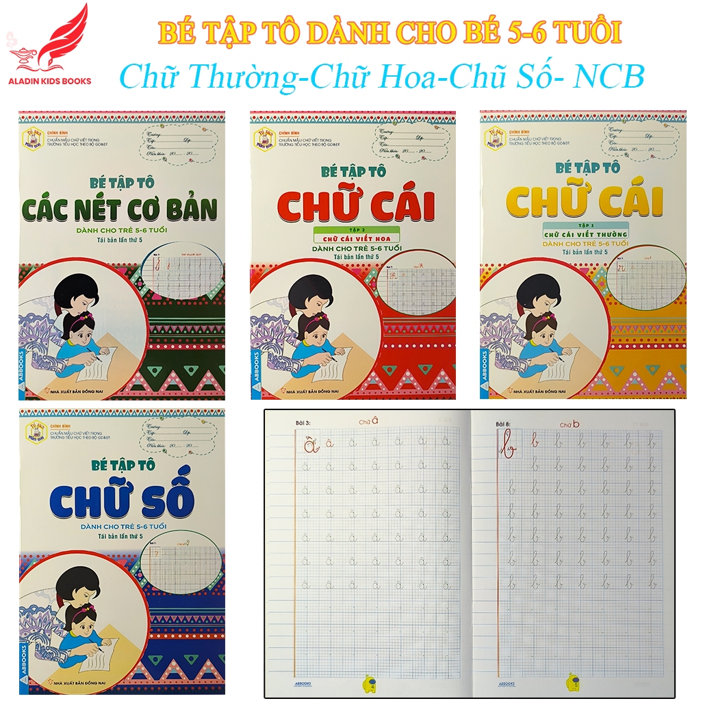 Sách- Bộ 4 Quyển Bé Tập Tô Dành Cho Trẻ 5-6 Tuổi Chữ Số Chữ Thường Chữ Cái Nét Cơ Bản- Kèm Quà Tặng