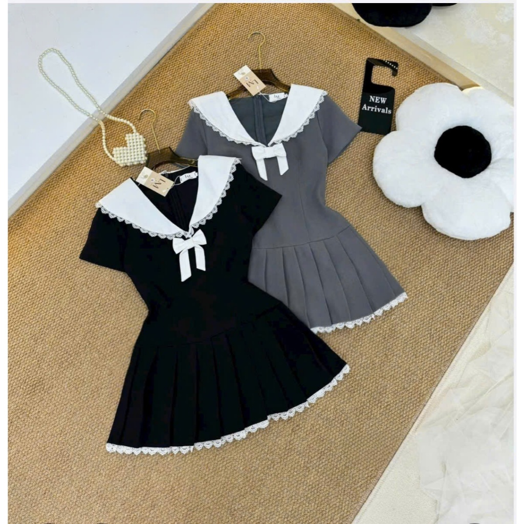 Đầm bé gái cổ bèo phối nơ dáng xếp ly xòe thời trang phong cách tiểu thư hàn quốc, cho bé gái và mẹ yêu từ 13-56kg