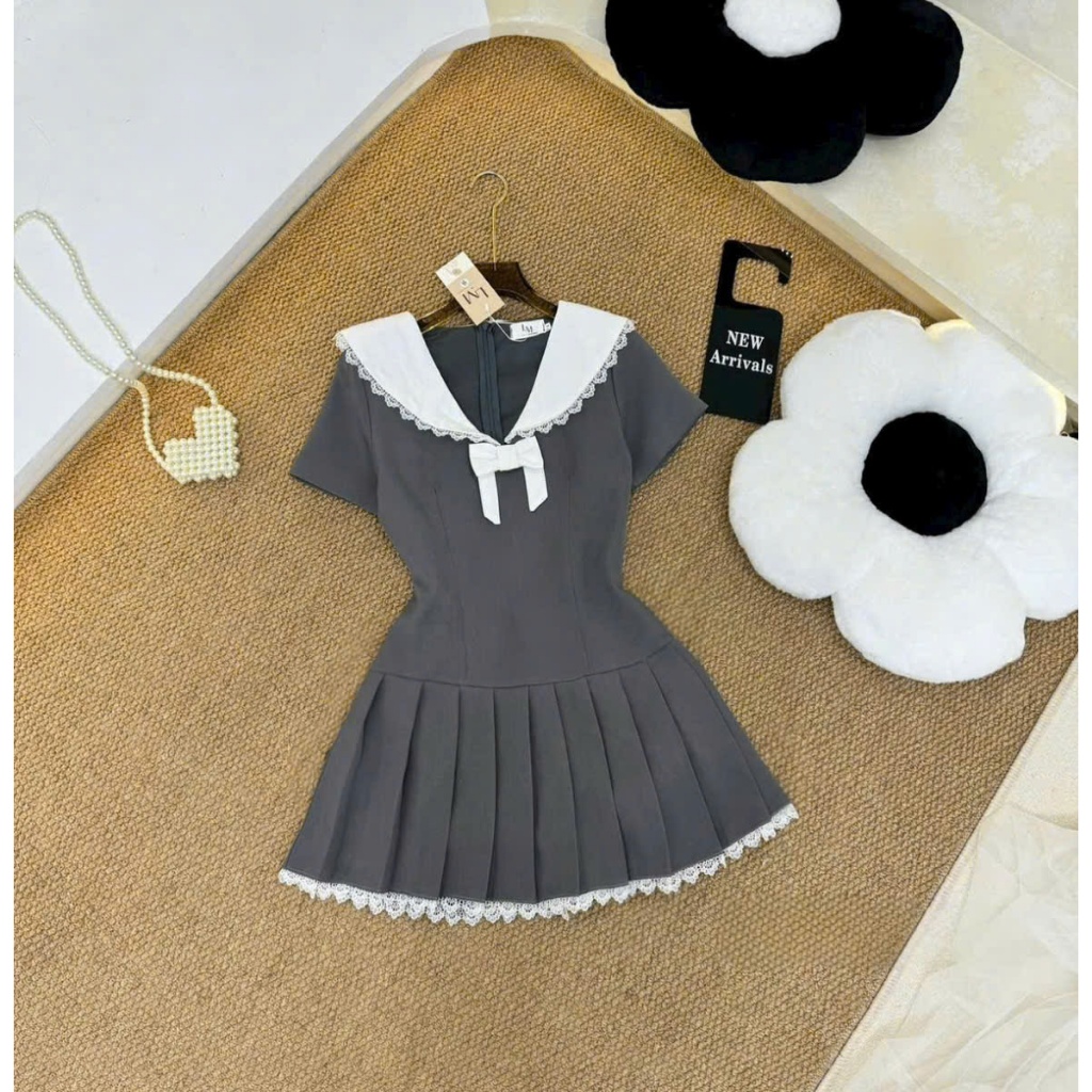 Đầm bé gái cổ bèo phối nơ dáng xếp ly xòe thời trang phong cách tiểu thư hàn quốc, cho bé gái và mẹ yêu từ 13-56kg