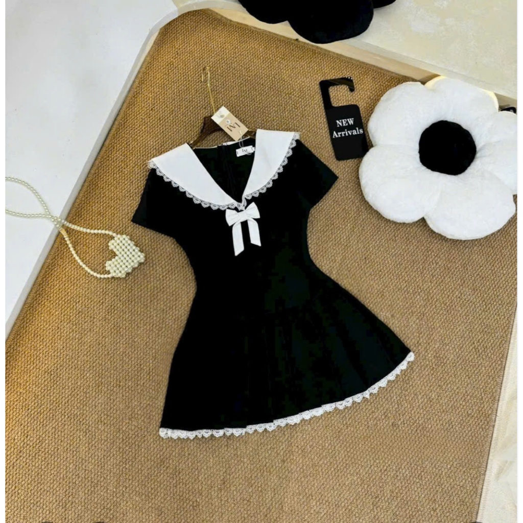 Đầm bé gái cổ bèo phối nơ dáng xếp ly xòe thời trang phong cách tiểu thư hàn quốc, cho bé gái và mẹ yêu từ 13-56kg