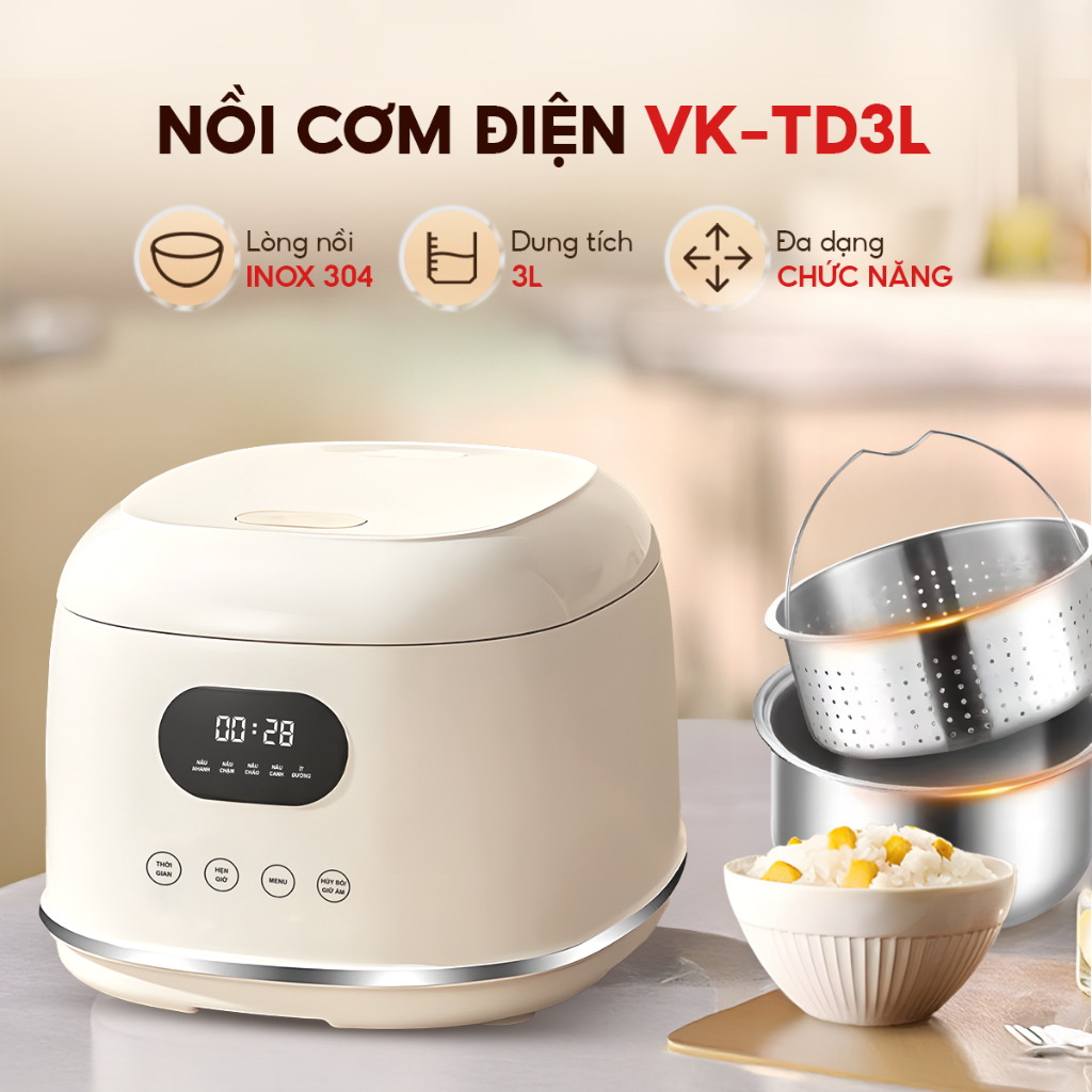 Nồi Cơm Đa Năng VK-TD3L Kèm Khay Hấp VENKO Dung Tích 3L, Chống Dính, Dễ Dàng Vệ Sinh