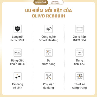 Nồi Cơm Điện Cao Tần OLIVO RC800IH 1.5L – Lòng Inox 316L, OLED Tiếng Việt, 14 Chế Độ, BH 24 Tháng