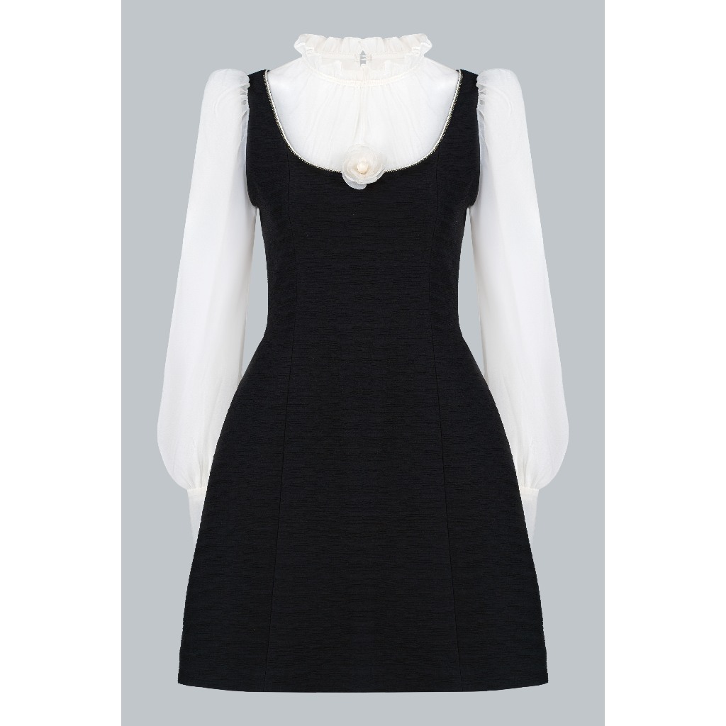 Đầm Cổ U Phối Tơ Nhún Cổ, Chân A 1F39.2510 Kết Hợp Sơ Mi Cổ Bèo Thiết Kế Layered Dress, Đầm Dự Tiệc Thanh Lịch By JM
