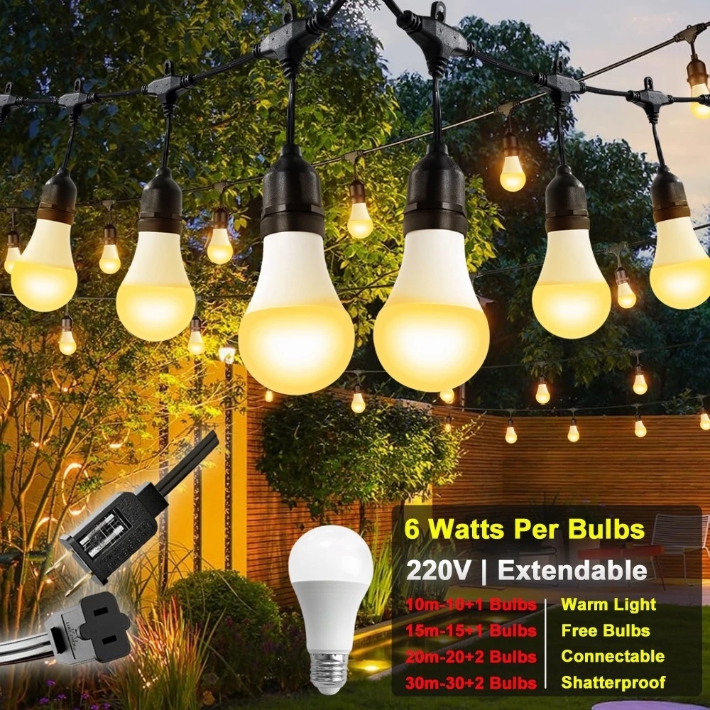 A60 Dây Đèn Led Trang Trí Ngoài Trời, 10M/15M 6W Ánh Vàng Ấm - Chống Nước Mưa Thật, Có Thể Nối 4 Dây