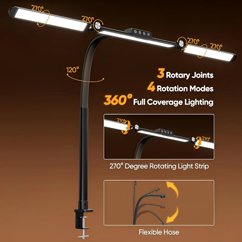 Đèn Bàn Kẹp 2 Đầu Gấp Gọn 7 Khớp Xoay 24W - 96 Đèn Led Cảm Biến Ánh Sáng, Bảo Vệ Mắt Cri≥90 Chống Chói