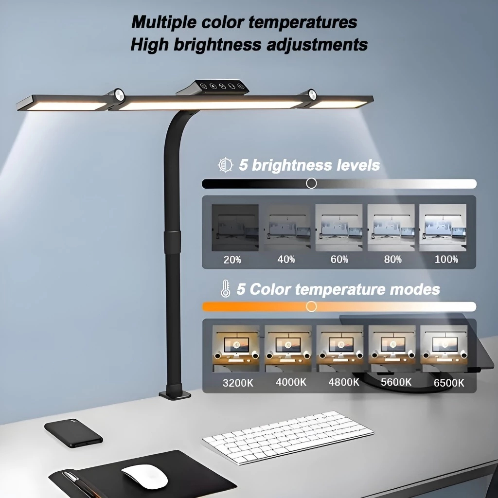Đèn Bàn Kẹp 2 Đầu Gấp Gọn 7 Khớp Xoay 24W - 96 Đèn Led Cảm Biến Ánh Sáng, Bảo Vệ Mắt Cri≥90 Chống Chói