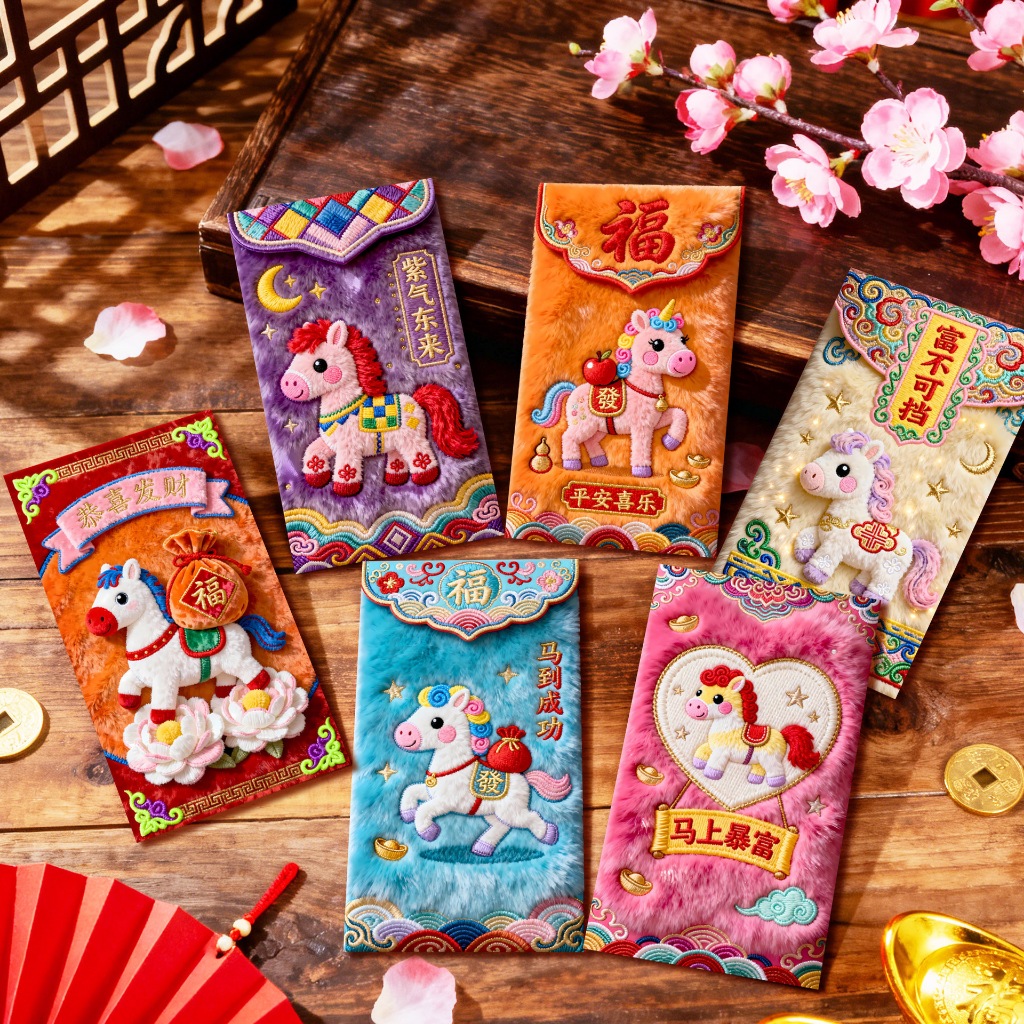 Xấp 6/30 Bao Lì Xì 5D Hiệu Ứng In Giả Thêu Ngựa Thần Tài Thổ Cẩm May Mắn Tài Lộc Cao Cấp Tết Việt Nam -Đồ Chơi PUKAPI
