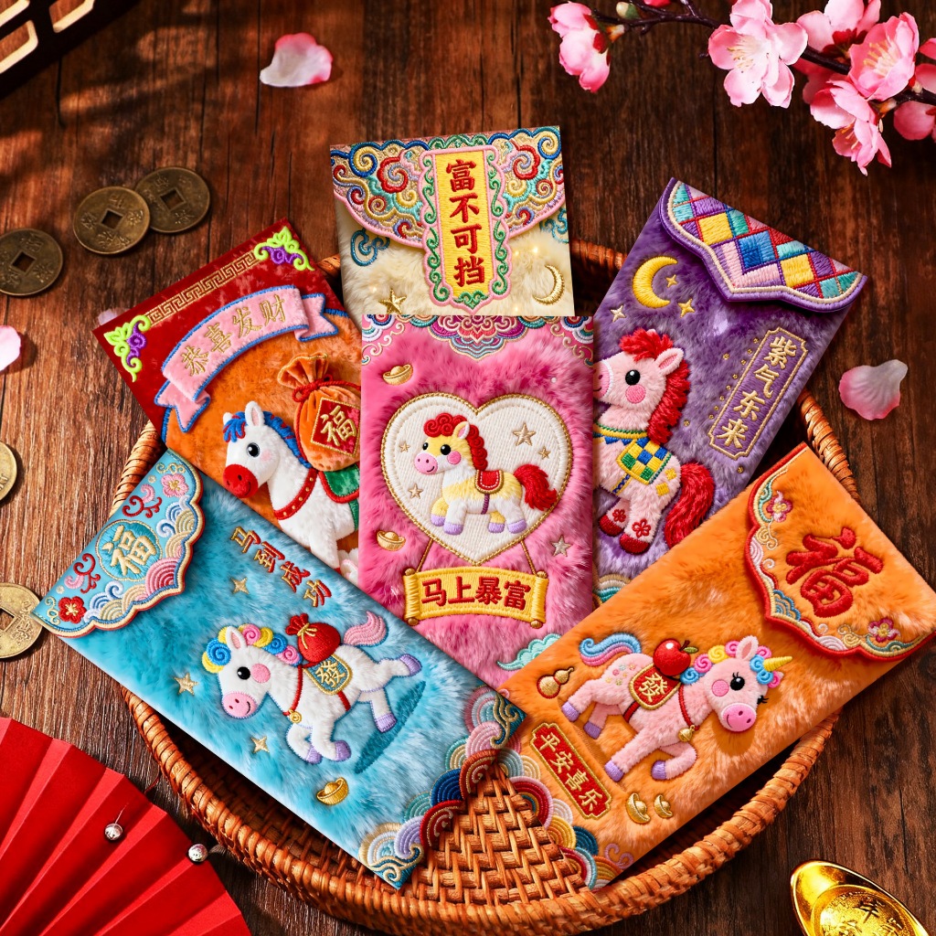 Xấp 6/30 Bao Lì Xì 5D Hiệu Ứng In Giả Thêu Ngựa Thần Tài Thổ Cẩm May Mắn Tài Lộc Cao Cấp Tết Việt Nam -Đồ Chơi PUKAPI