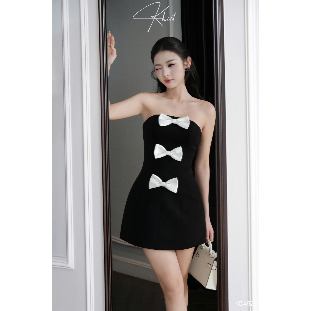 Đầm quây đen Khiết thiết kế A-line basic phối nơ trắng thanh lịch, phong cách tiệc tùng KD492
