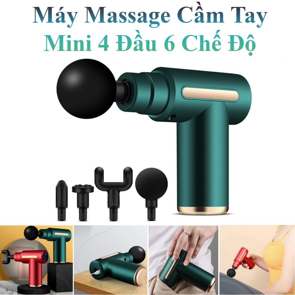 Máy Massage Cầm Tay Mini Đầu Nhôm Cao Cấp 6 Chế Độ 4 Đầu