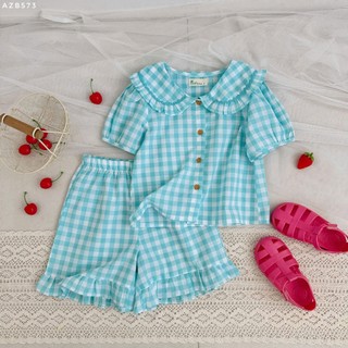 Bộ đồ mặc nhà bé gái caro cotton AZB573 – Áo cổ lá sen bèo xinh xắn, quần lưng thun mềm