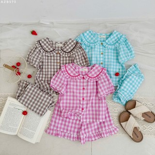 Bộ đồ mặc nhà bé gái caro cotton AZB573 – Áo cổ lá sen bèo xinh xắn, quần lưng thun mềm