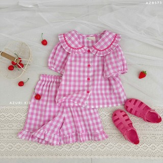 Bộ đồ mặc nhà bé gái caro cotton AZB573 – Áo cổ lá sen bèo xinh xắn, quần lưng thun mềm