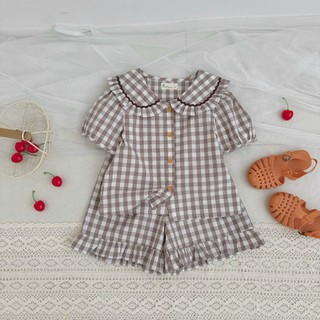 Bộ đồ mặc nhà bé gái caro cotton AZB573 – Áo cổ lá sen bèo xinh xắn, quần lưng thun mềm
