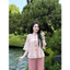 Set Đồ Lam Cho Nữ Áo Voan Tơ Hoa Đào Phối Cúc Nơ Ngọc Tiểu Thư | Đồ Lam An Nhiên