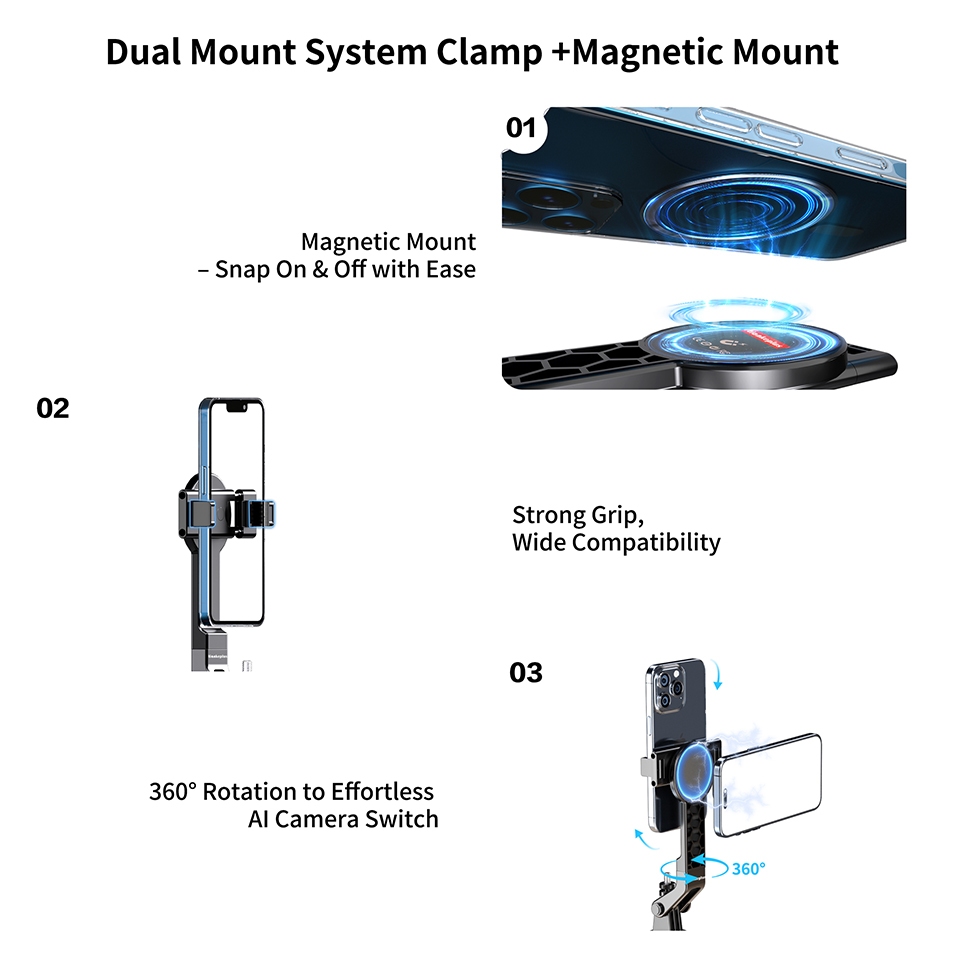 For MagSafe Tripod Gậy Chụp Ảnh 3 Chân GM35 Pro Từ Tính + Kẹp Phone, Xoay 360° Cao 1.8m Remote Bluetooth-Tiankeplus GM35