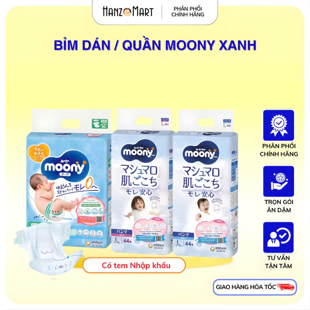 Bỉm Moony Xanh dán/quần Cộng miếng Tiêu Chuẩn Nb96/S90/M56/L58/M52/L44q/XL38q