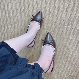 Sandal mũi nhọn viền ren chất da bóng cao 3 phân TL55