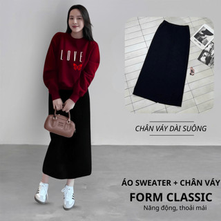 Set Bộ Nỉ Nữ Thu Đông CHEPOL Cổ Tròn, In Chữ LOVE, Chất Nỉ Nhung Cao Cấp ( Áo Sweater Đỏ Đô + Chân Váy Suông )-CP_17908