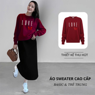 Set Bộ Nỉ Nữ Thu Đông CHEPOL Cổ Tròn, In Chữ LOVE, Chất Nỉ Nhung Cao Cấp ( Áo Sweater Đỏ Đô + Chân Váy Suông )-CP_17908