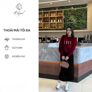Set Bộ Nỉ Nữ Thu Đông CHEPOL Cổ Tròn, In Chữ LOVE, Chất Nỉ Nhung Cao Cấp ( Áo Sweater Đỏ Đô + Chân Váy Suông )-CP_17908