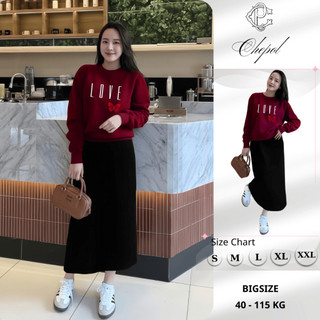 Set Bộ Nỉ Nữ Thu Đông CHEPOL Cổ Tròn, In Chữ LOVE, Chất Nỉ Nhung Cao Cấp ( Áo Sweater Đỏ Đô + Chân Váy Suông )-CP_17908