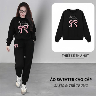 Set Bộ Nỉ Nữ Thu Đông CHEPOL Cổ Tròn, In Chữ Và Nơ, Chất Nỉ Chân Cua Cao Cấp ( Áo Sweater Đen + Quần Dài Đen )- CP_18103