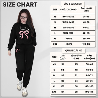 Set Bộ Nỉ Nữ Thu Đông CHEPOL Cổ Tròn, In Chữ Và Nơ, Chất Nỉ Chân Cua Cao Cấp ( Áo Sweater Đen + Quần Dài Đen )- CP_18103