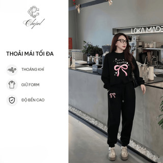 Set Bộ Nỉ Nữ Thu Đông CHEPOL Cổ Tròn, In Chữ Và Nơ, Chất Nỉ Chân Cua Cao Cấp ( Áo Sweater Đen + Quần Dài Đen )- CP_18103
