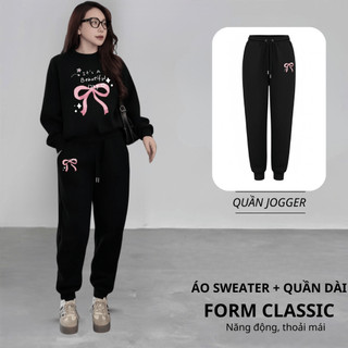 Set Bộ Nỉ Nữ Thu Đông CHEPOL Cổ Tròn, In Chữ Và Nơ, Chất Nỉ Chân Cua Cao Cấp ( Áo Sweater Đen + Quần Dài Đen )- CP_18103