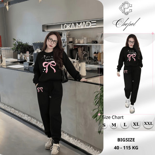 Set Bộ Nỉ Nữ Thu Đông CHEPOL Cổ Tròn, In Chữ Và Nơ, Chất Nỉ Chân Cua Cao Cấp ( Áo Sweater Đen + Quần Dài Đen )- CP_18103