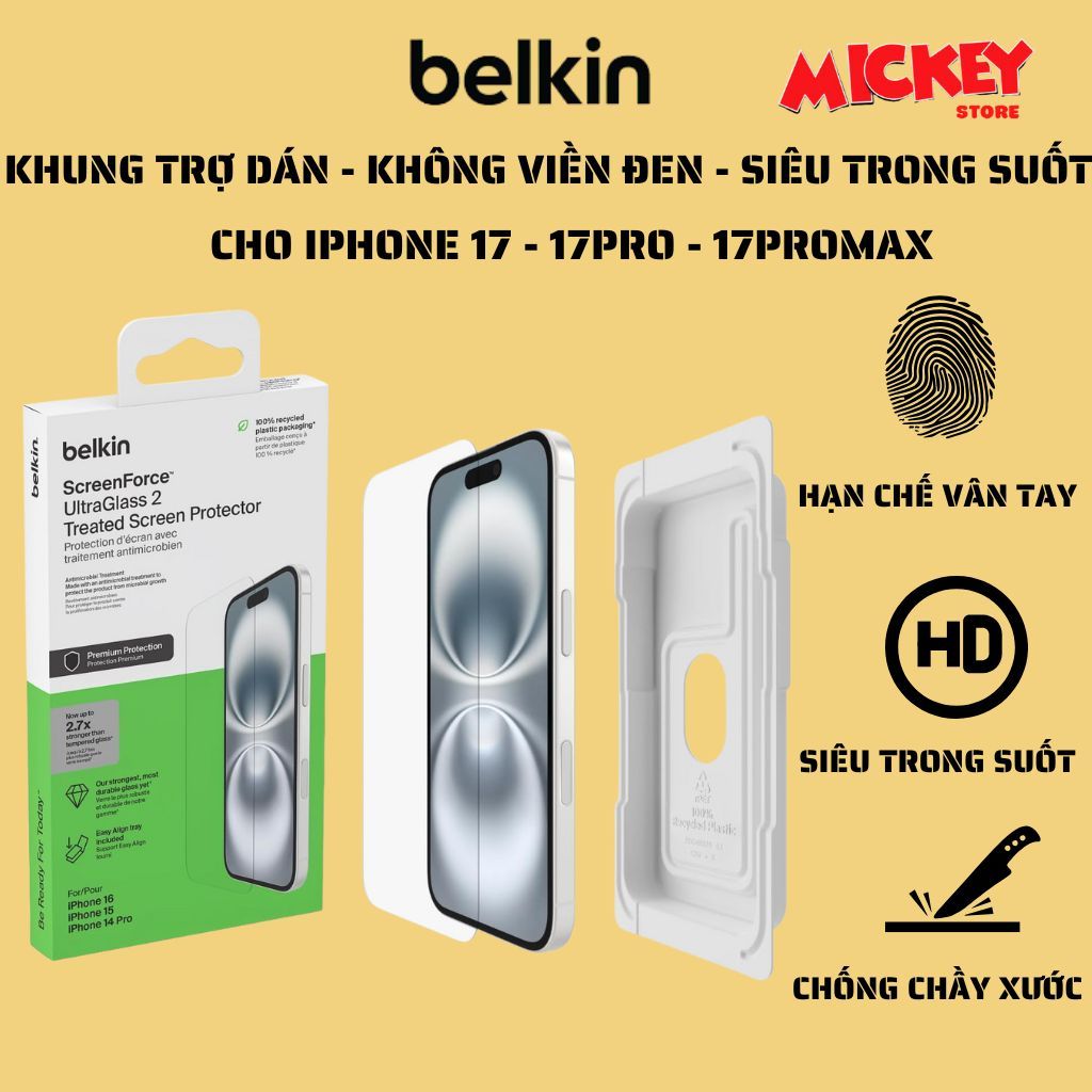 Kính cường lực có khung trợ dán Belkin Ultraglass không viền đen cho IPhone 17 17Pro 17Promax