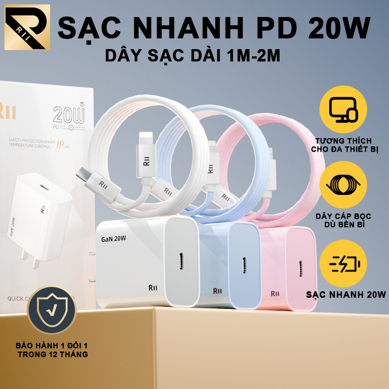 RII Bộ Sạc Nhanh PD 20w Cáp sạc 1M/2M cho IP  x xsmax 11 12 13 14 15 16 17pro max promax plus Bảo Hành Đổi Mới 12 Tháng