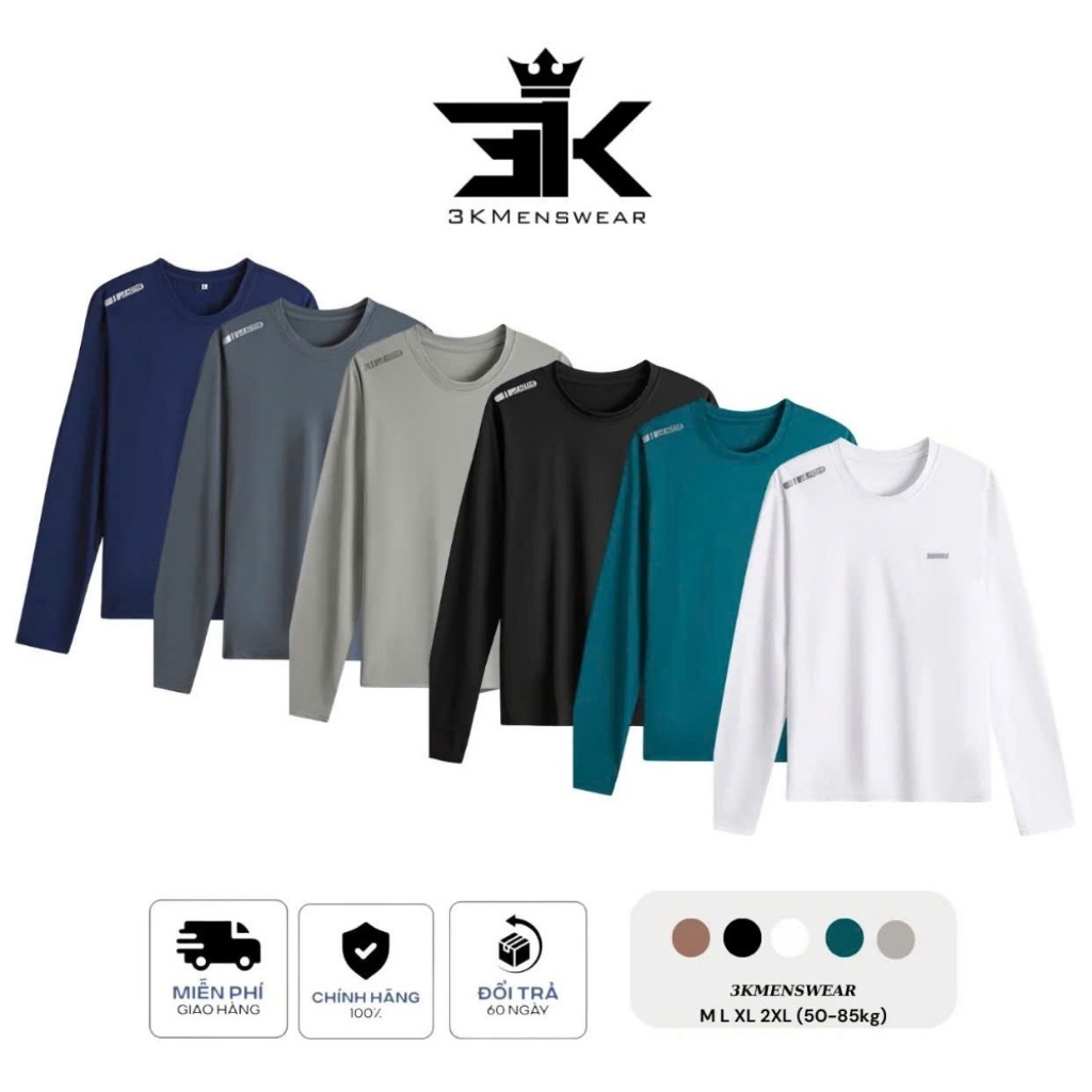 Áo Thun Nam Dài Tay, Áo Giữ Nhiệt 3KMEN Thun Lạnh 4 Chiều Co Giãn Logo In Nhiệt Form 50-85kg