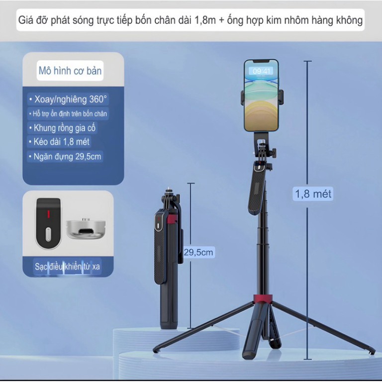 P185 – Gậy selfie gấp gọn kèm remote chụp hình, dùng cho điện thoại
