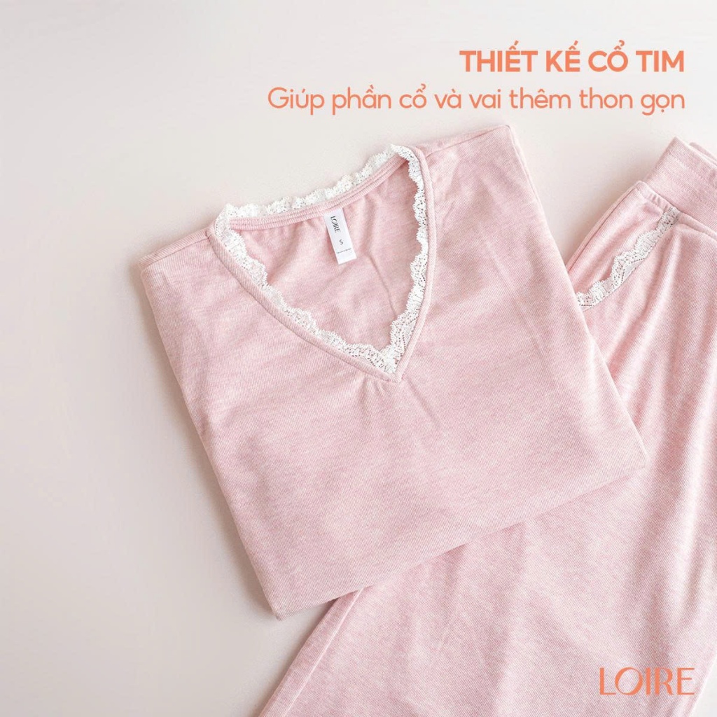 Bộ Đồ Ngủ Loire FDMN250337 Chất Cotton Dáng Dài Tay Nhấn Ren Mềm