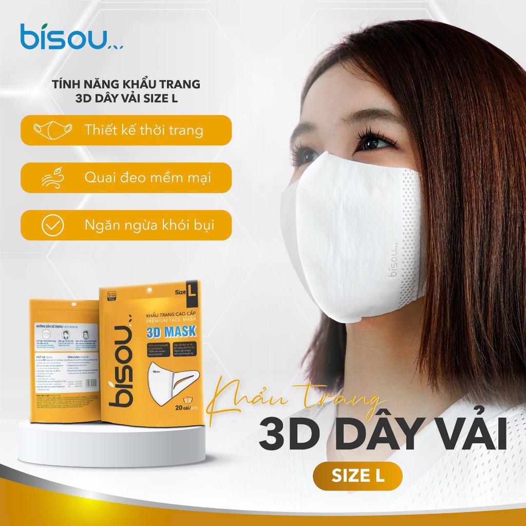 Combo 10 túi khẩu Trang Cao Cấp 3D Dây Vải Size M,L hiệu Bisou, khẩu trang thời trang, thoáng mát