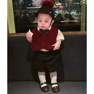 Set công tử ( 4 chi tiết : nơ / áo sơ mi / quần / áo trắng ) Gile đỏ rựu diện sinh nhật thôi nôi CT02