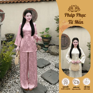 Bộ bà ba cổ tròn dài tay đính khuy ngọc lụa gấm Vân Trúc mềm mịn Pháp phục đi chùa cách tân chiết eo thanh lịch kín đáo