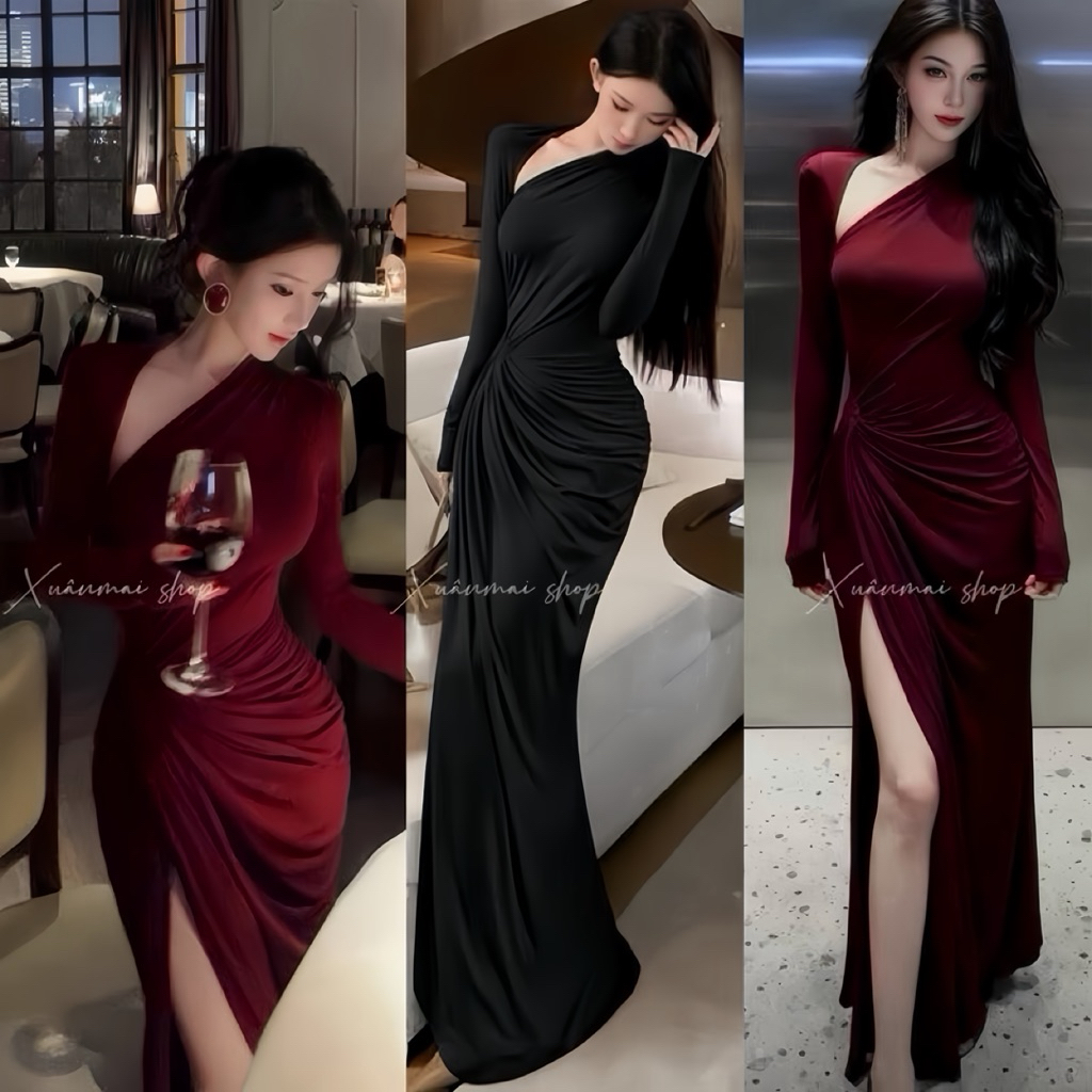 Đầm DÀI XẺ TRƯỚC khoét vai chất ladong dáng dài xẻ trước xếp ly nhúm bụng - XuânMai shop