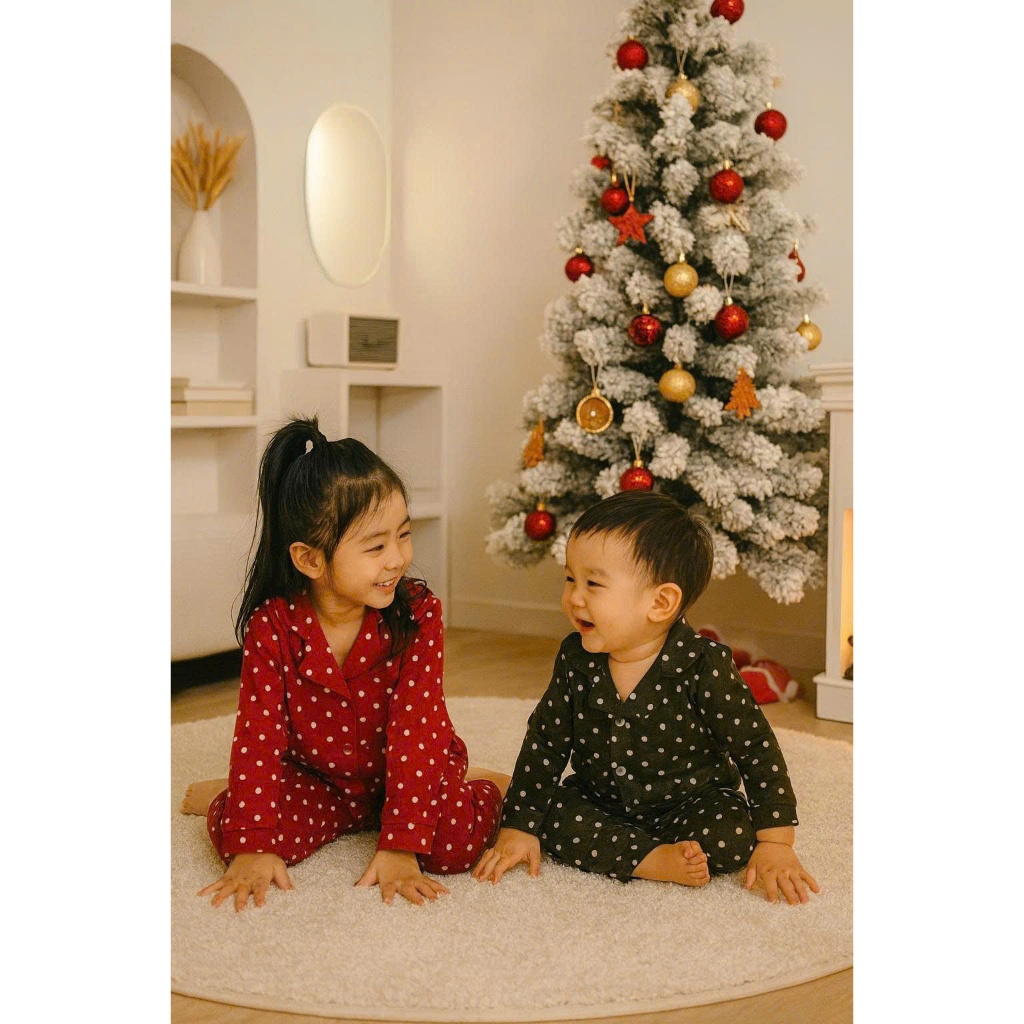 Pizama cho bé trai bé gái Lá Homewear A365, đồ ngủ thu đông cho bé họa tiết chấm bi giáng sinh noel