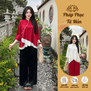 Pháp phục đi chùa cổ tàu vạt chéo phối lụa 2 lớp Bộ đồ lam đi lễ cách tân khuy cách điệu gấm mềm mịn Sang trọng