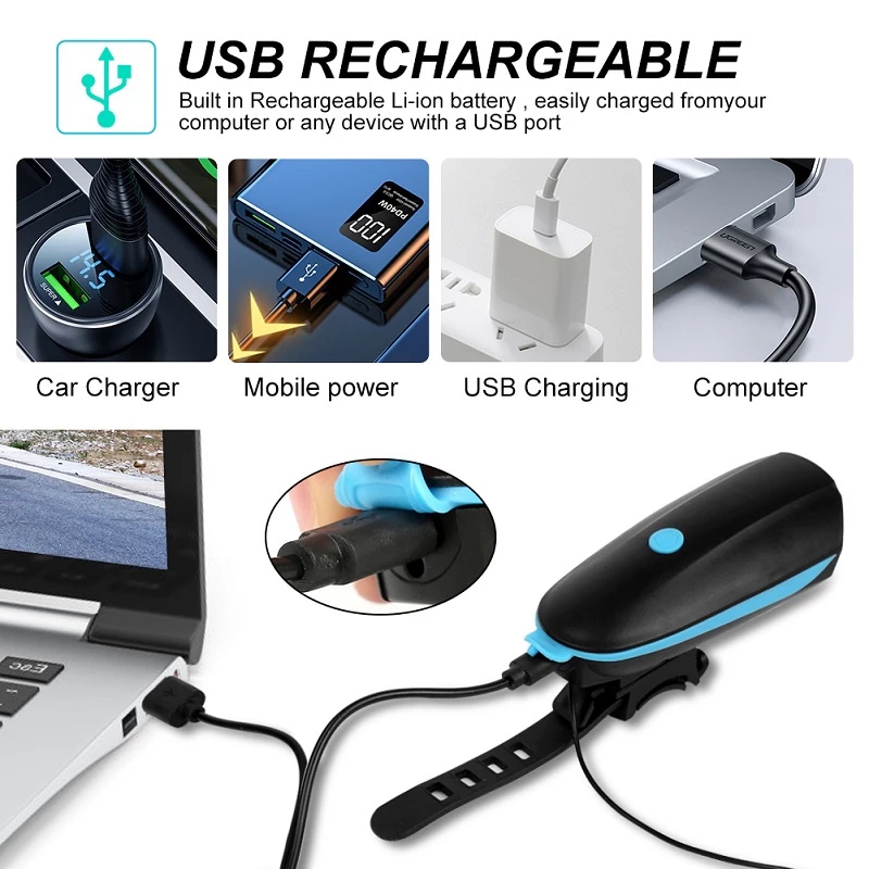 Đèn xe đạp có còi  sạc usb  chống nước siêu sáng có 5 chế độ