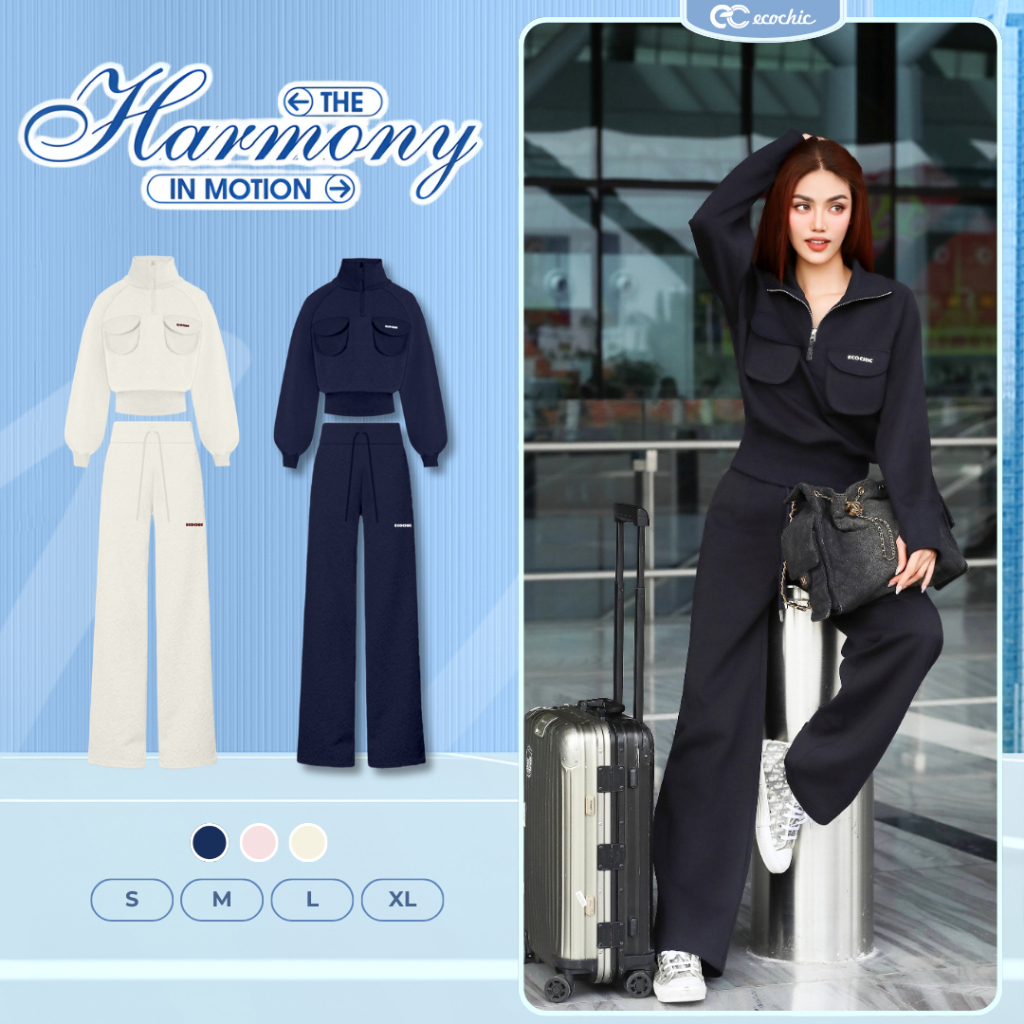 Set Bộ ECOCHIC Nỉ Mịn Áo Crop Cổ Khoá Halfzip Túi Hộp Quần Suông Dài Basic Cao Cấp Chính Hãng B201