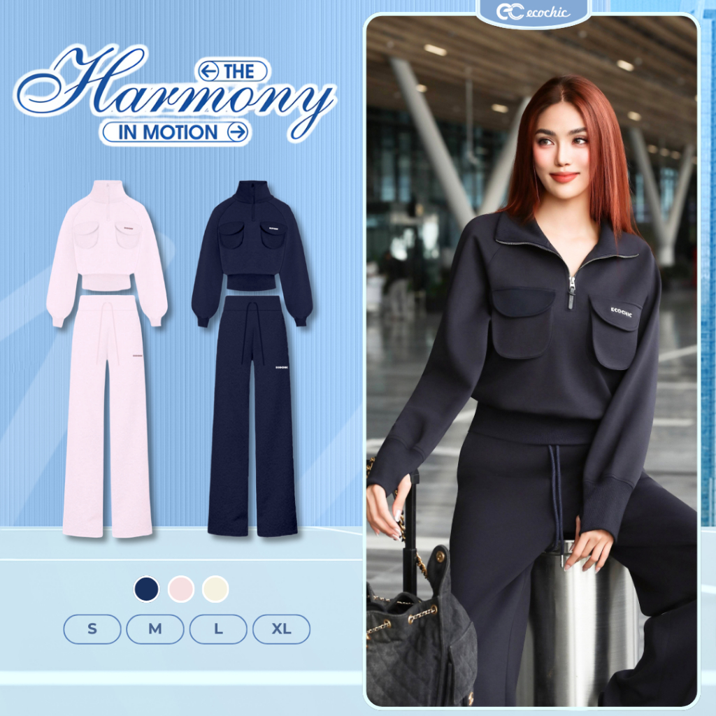 Set Bộ ECOCHIC Nỉ Mịn Áo Crop Cổ Khoá Halfzip Túi Hộp Quần Suông Dài Basic Cao Cấp Chính Hãng B201