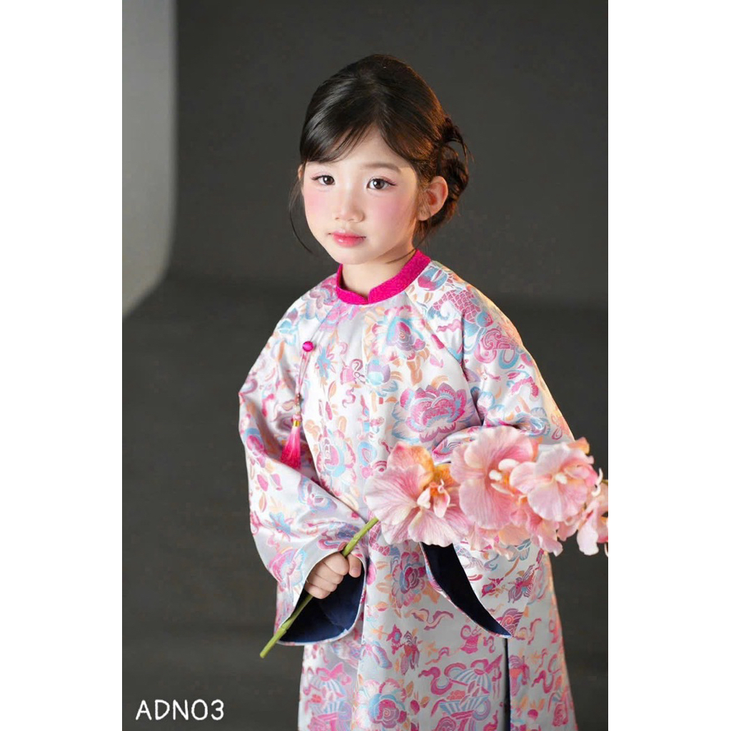 [Sẵn - Hỏa tốc] Set áo dài m cho bé gái (KHÔNG KÈM NÓN) và AD nhung [SẴN]  thêu sen size 1-10y(8-31kg) ADN03