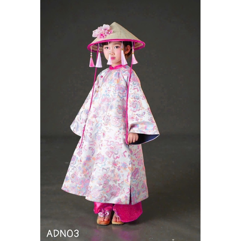 [Sẵn - Hỏa tốc] Set áo dài m cho bé gái (KHÔNG KÈM NÓN) và AD nhung [SẴN]  thêu sen size 1-10y(8-31kg) ADN03