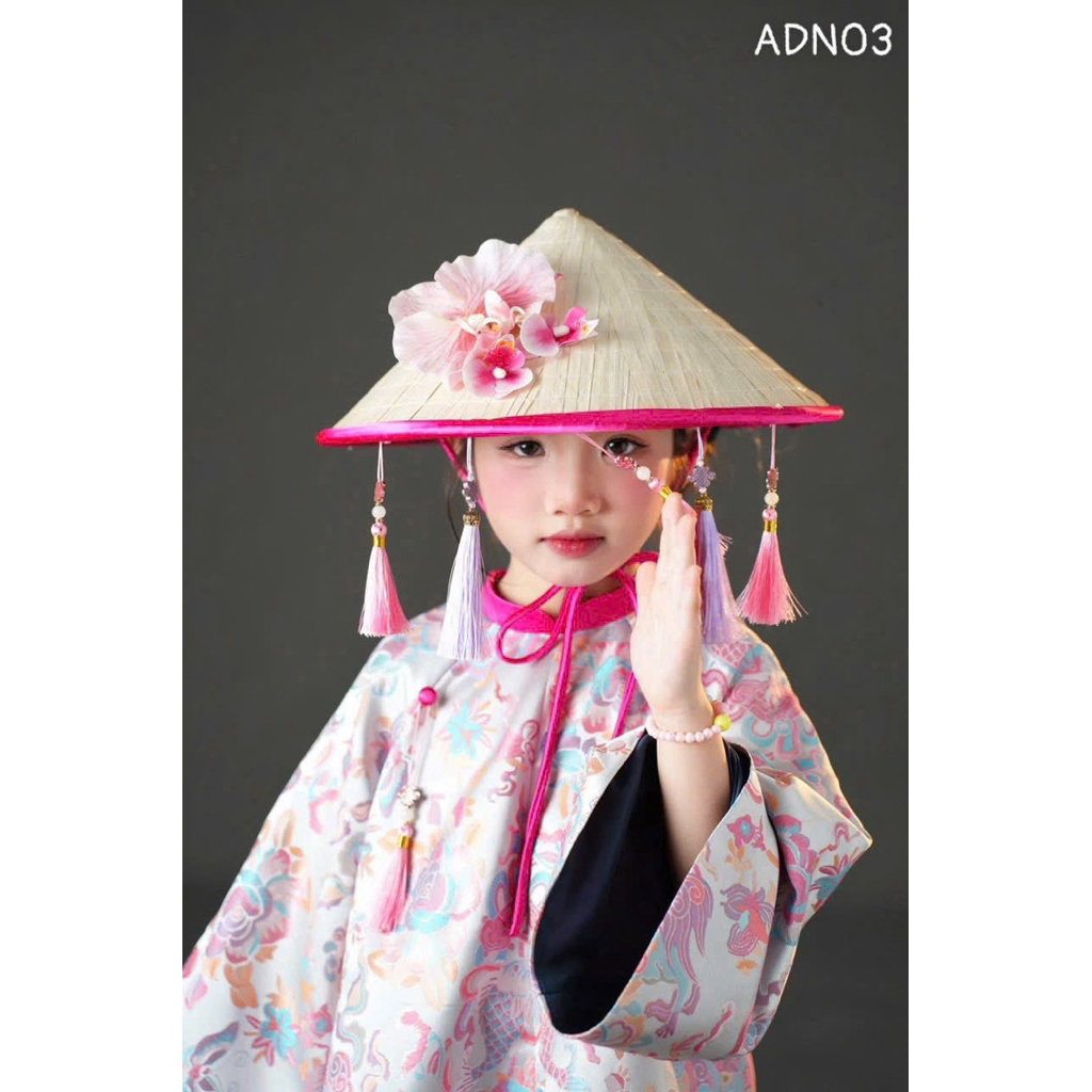 [Sẵn - Hỏa tốc] Set áo dài m cho bé gái (KHÔNG KÈM NÓN) và AD nhung [SẴN]  thêu sen size 1-10y(8-31kg) ADN03