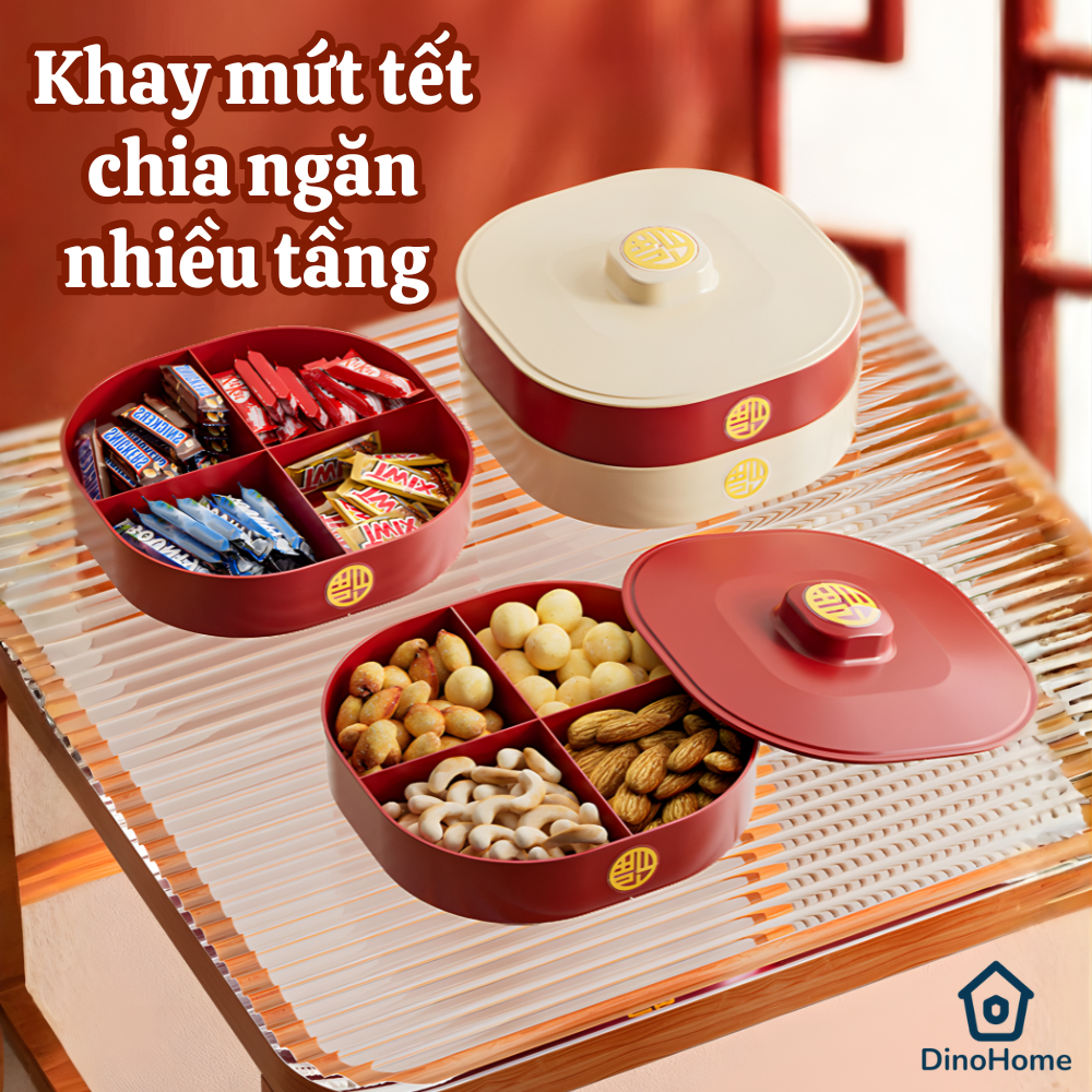 Khay Đựng Mứt Tết Chia Ngăn Sang Trọng DINOHOME, Khay Đựng Bánh Kẹo, Trái Cây Có Nắp Đậy Decor Bàn Tiệc